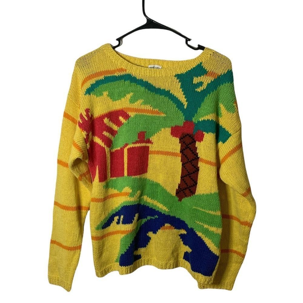 Toffs Hand Knit Multicolored Palm Tree Beach Pullover Vintage EUC US M